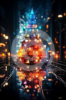 Futuristic holographic Christmas tree illuminated with colorful magical lights. Neon glowing blurred background