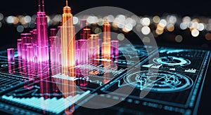 Futuristic Holographic Cityscape with Data Visualizations and Graphs digital
