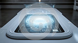 Futuristic holographic control panel displaying data and information in a command center