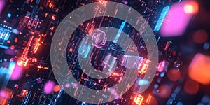A futuristic holographic cybersecurity hub, displaying glowing AI-driven encryption algorithms,