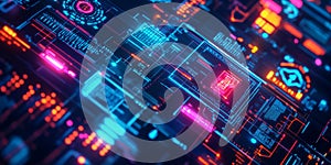 A futuristic holographic cybersecurity hub, displaying glowing AI-driven encryption algorithms,