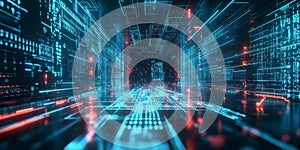 A futuristic holographic cybersecurity hub, displaying glowing AI-driven encryption algorithms,