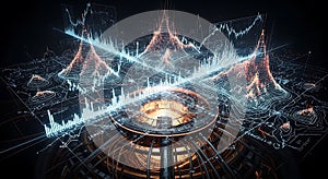 Futuristic holographic 3d data visualization showing financial charts and complex network connections