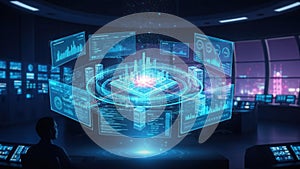 Futuristic Holographic Data Interface in Control Room