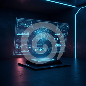 Futuristic Holographic Data Interface in Dark Room