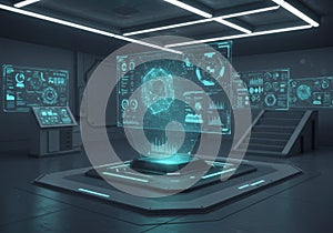 Futuristic Holographic Data Interface in Dark Room