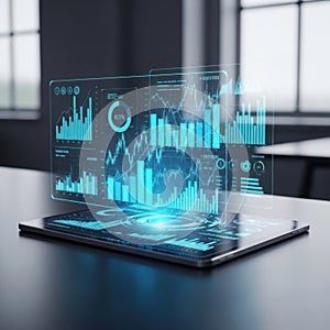 Futuristic holographic data visualization displaying financial charts and analytics on a tablet