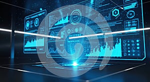 Futuristic holographic display interface with data visualization and light beams