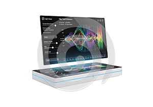 Futuristic holographic display interface projecting vibrant data visualizations and ui elements