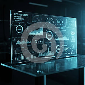 Futuristic holographic display panel positioned above a sleek, dark table. The screen