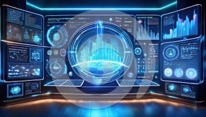 Futuristic holographic display showcasing data science dashboard with real time analytics and visualizations