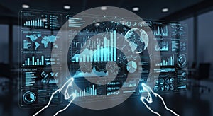 Futuristic holographic display shows global data visualization and financial analytics
