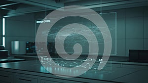 Futuristic Holographic Display Shows System Online with Data Visualization