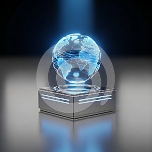 Futuristic Holographic Globe Display on Technology Platform