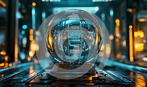 Futuristic holographic globe displaying digital data in a high-tech environment