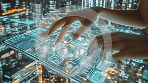 Futuristic holographic interface in a cyber city photo