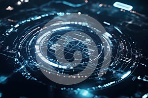 A futuristic holographic interface in 3D where floating hexagonal grids display complex data streams