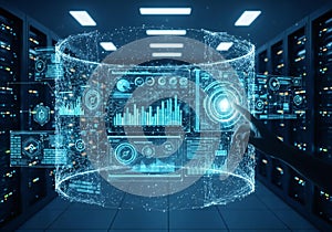 Futuristic holographic interface data visualization cyberpunk server room technology