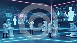 Futuristic holographic interface and data visualization in a modern control room