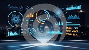 Futuristic holographic interface displaying complex data, graphs, and analytics analysis