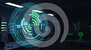 Futuristic holographic interface displaying complex data in a server room