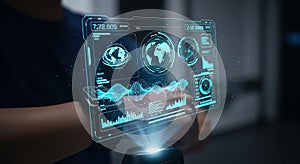 Futuristic Holographic Interface Displaying Complex Global Data Analytics