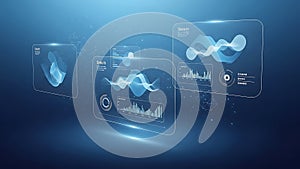 Futuristic holographic interface displaying data analysis and digital waveform visualizations