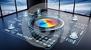 Futuristic holographic interface displaying data analytics and a circular chart with city view