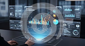Futuristic holographic interface displaying financial analytics and data visualization