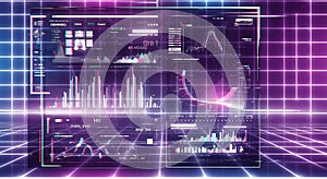 Futuristic holographic interface displaying financial data analytics and charts on a grid