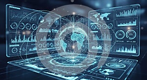 Futuristic holographic interface displaying global data and analytics for advanced technology and ai