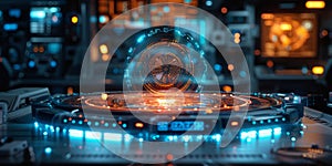 Futuristic holographic interface displaying glowing data in a high-tech control room, featuring advanced technology