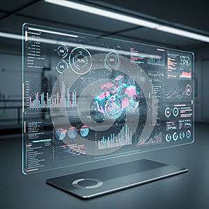 A futuristic holographic interface displaying multiple digital panels with charts,