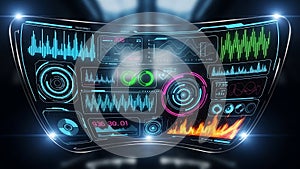 Futuristic holographic interface displaying real-time data, graphs, and digital readouts