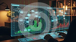 Futuristic holographic interface displaying stock market data and network analytics