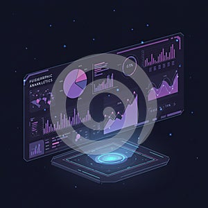 Futuristic holographic interface displaying various analytical charts and graphs,