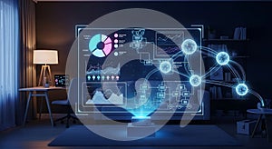 Futuristic holographic interface displays complex data analytics and network connections in a modern room