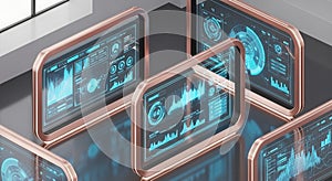 Futuristic holographic interface displays glowing graphs and data visualizations in a modern room