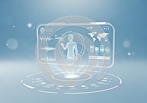 A futuristic holographic interface displays various digital elements. Central to the image is a