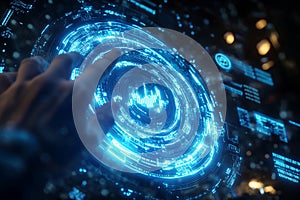 Futuristic holographic interface with glowing blue circular data visualization