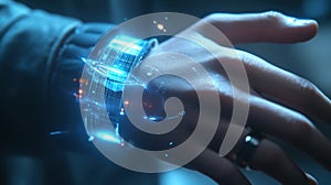 Futuristic holographic interface on human hand