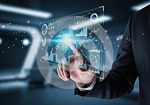 Futuristic holographic interface interaction with data visualization