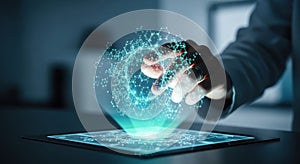 Futuristic holographic interface interaction with digital data visualization