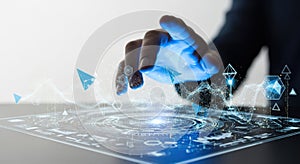 Futuristic holographic interface interaction with glowing hand