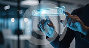 Futuristic holographic interface interaction person using advanced digital technology