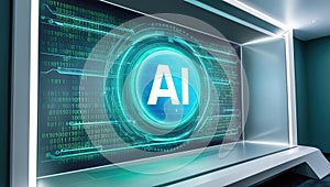 futuristic holographic interface showcasing AI algorithm with binary code flowing across screen, representing advanced technology