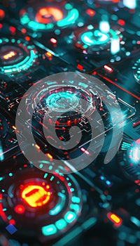 Futuristic Holographic Stickers on Glossy Surface with Reflective High-Tech Atmosphere