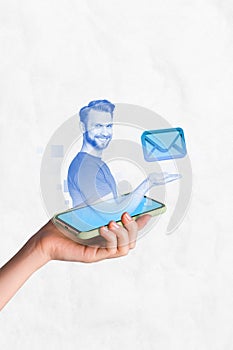 Futuristic holographic transparent man picture collage he holds big envelope unread income smartphone message connect