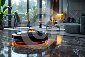 Futuristic Home Cleaning with a Robotic Vacuum Ensures Spotless Floors in a Modern Setting