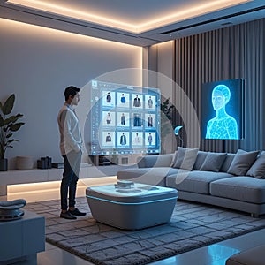 Voice-Activated Smart Assistant for Online Shopping in a Futuristic Home photo